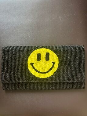 Beaded Black Flat Clutch with Yellow Smiley Face - Detachable Chain
